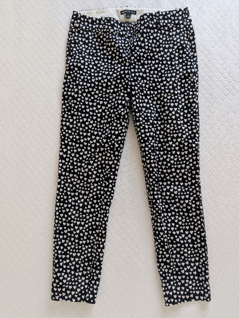 J. Crew slim fit ankle trousers slacks, size 2  Black White Heart Print office
